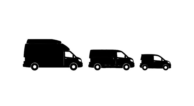 Minimal black silhouette icon, simple flat vector, bold black shape, no gradients, no shading set of three different sizes of delivery vans on a, flat icon style