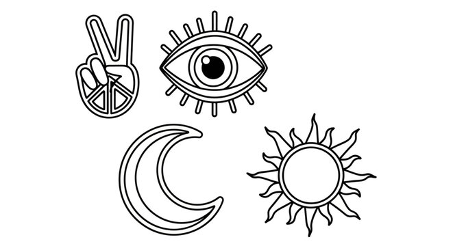 Boho Symbols: Peace Sign, Evil Eye, Crescent Moon, Sun - Outline Icons