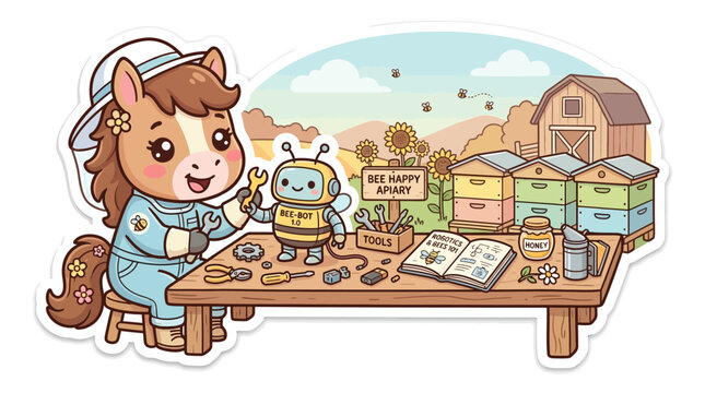 Cute cartoon horse mechanic fixing a bee robot at an apiary