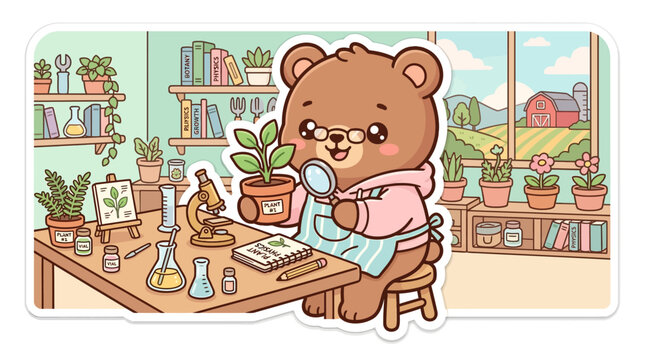 Cute bear scientist studying plants in a cozy greenhouse, illustration