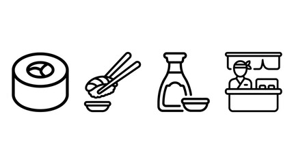 Sushi Icons Set: Maki Roll, Chopsticks, Soy Sauce, Food Stall - Line Art © kumara