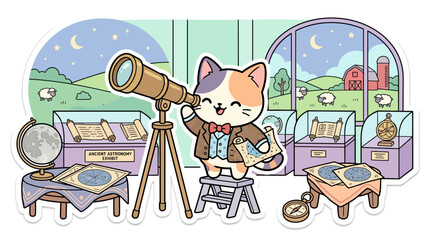 Cute cat astronomer observing night sky with telescope in museum exhibit © kumara