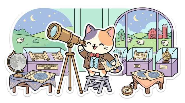 Cute cat astronomer observing night sky with telescope in museum exhibit