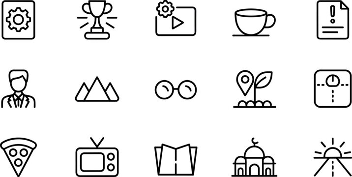 Lifestyle and digital business general purpose line icon set featuring travel education food entertainment media tech settings and corporate success symbols