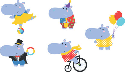 Adorable circus hippo talent show collection with little cartoon animals juggling holding balloons riding bicycle isolated on white background © Lili Begum