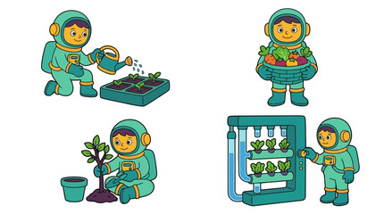 Astronauts cultivating plants in space, hydroponics, gardening, future farming © kumara