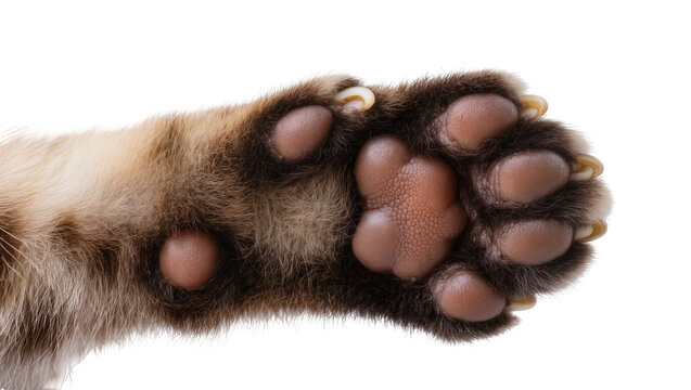 Furry cat paw with visible claws and soft pads