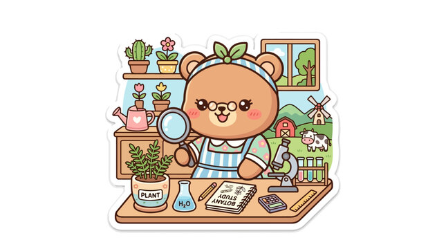 Cute bear scientist examining plants with magnifying glass, science lab, botany study