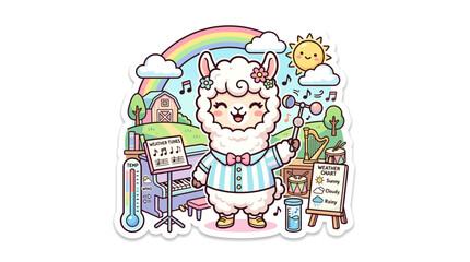 Cute cartoon llama conducting an orchestra in a vibrant, cheerful landscape with rainbow and sun. © kumara