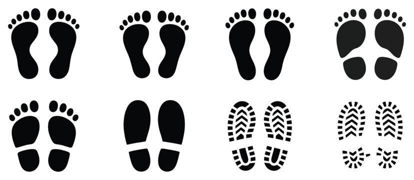 Footprint and shoe print vector icon set featuring human step silhouettes for walking, travel, movement and lifestyle design concepts, vector, designs