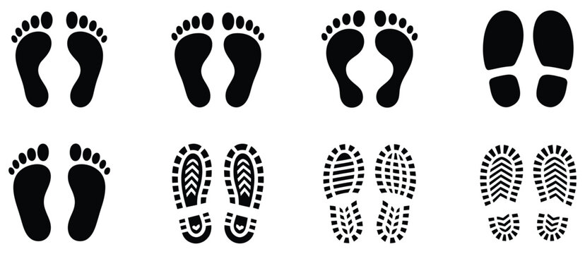Footprint vector icon set with shoe print silhouette symbols for journey, direction, outdoor activity and tracking concepts, vector, designs