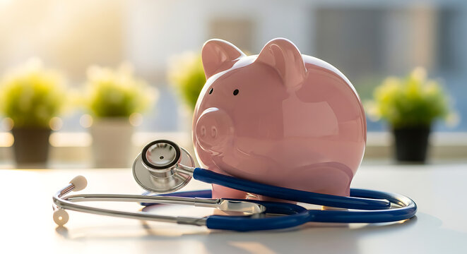 A pink piggy bank with a medical stethoscope representing healthcare costs and financial planning for medical expenses.