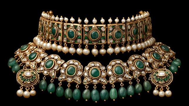 Traditional Indian bridal jewelry set featuring emeralds, diamonds, and pearls on black background