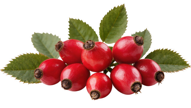 Red rose hips with green serrated leaves