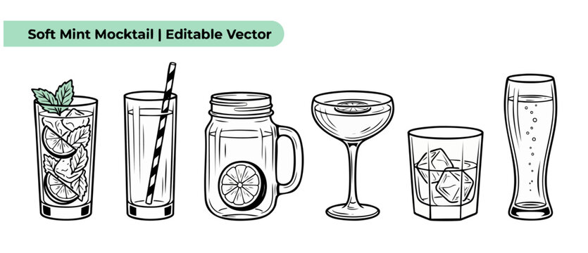 Cocktail vector line art set of hand drawn drinks, mocktails, and alcoholic beverages in different glasses isolated on white background for restaurant menu design and bar branding illustration.