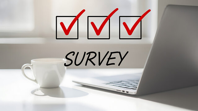Survey checklist on laptop with coffee cup on white desk