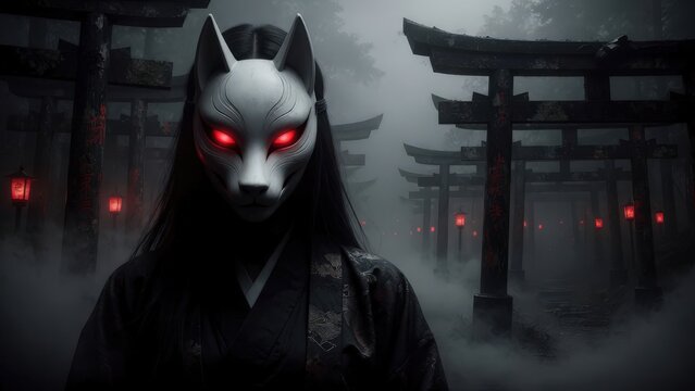 Mysterious Kitsune Fox Mask Figure Standing Among Foggy Torii Gates at Night