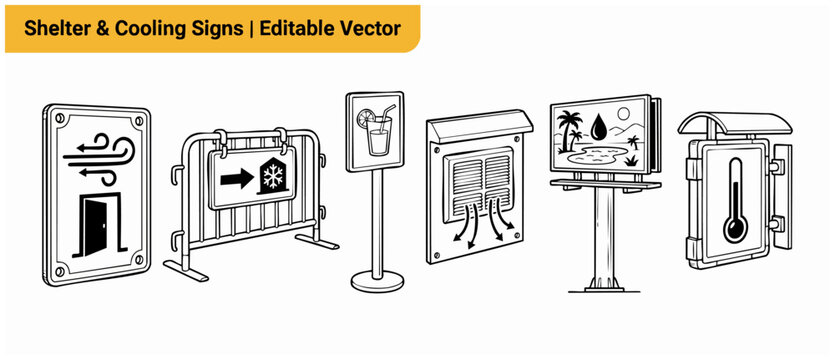 Cooling station signs icon set showing public heat wave shelter locations and hydration zones for summer safety and urban climate adaptation, featuring minimalist black and white line art vector.