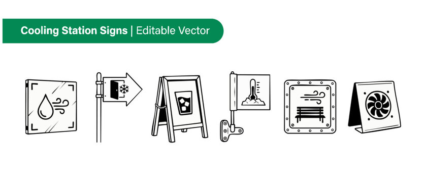 Cooling station signs vector icons set for public heatwave relief zones, featuring misters, air conditioning, cold water, shady benches, and electric fans in a clean, minimalist line art style design.
