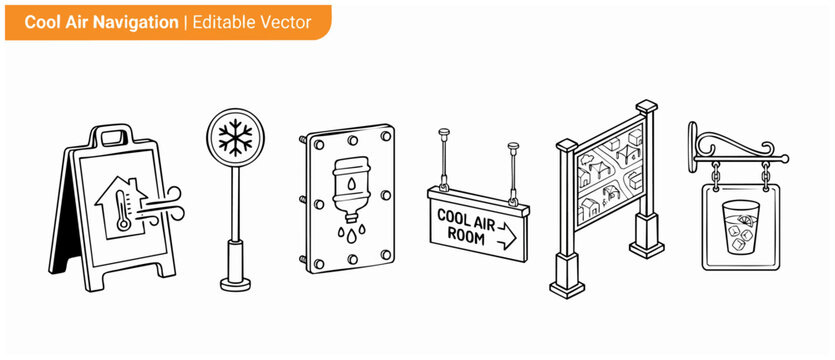 Cool air navigation sign icons for summer heatwave cooling shelters, public water station plaque, directory map billboard, and refreshing cold drinks signage in minimalist black outline vector.
