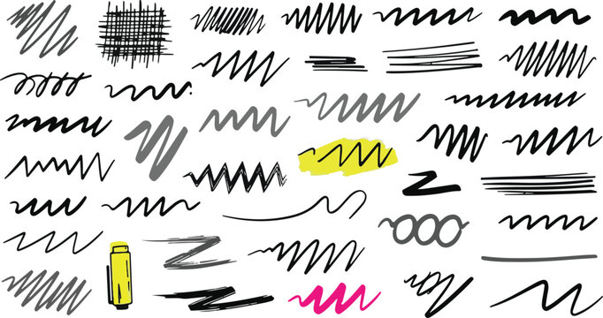 A set of various hand-drawn black, yellow, and pink scribbles, zig-zag lines, and marker strokes. The collection includes diverse textures and shapes, along with a yellow highlighter pen icon. 