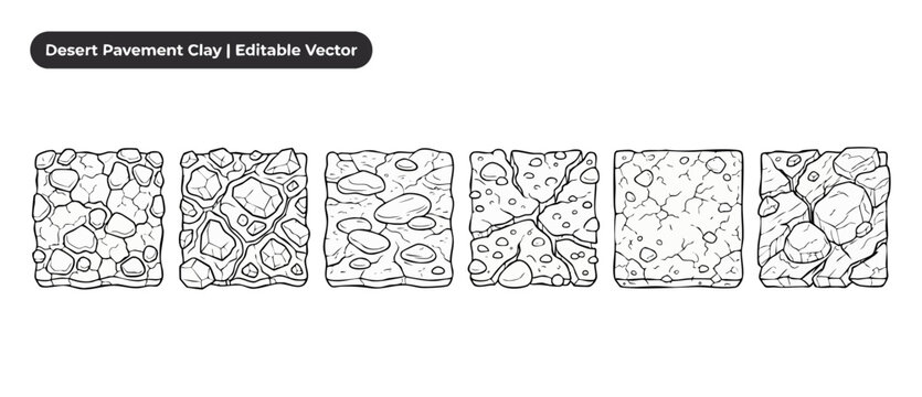 Desert pavement clay vector texture set of cracked ground game assets, black and white line art illustrations of arid soil, rocky earth, stony terrain, and cracked mud tile designs for coloring pages.