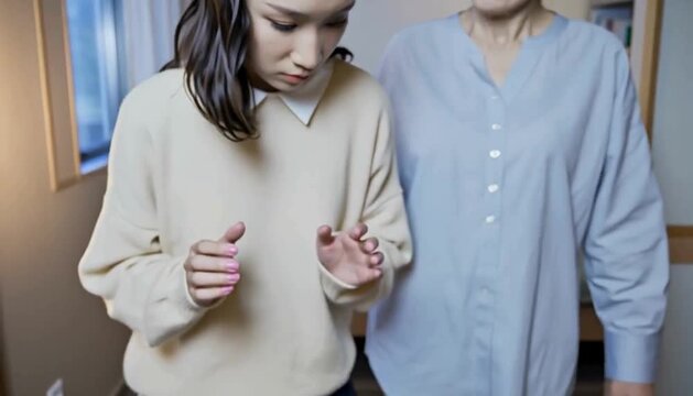 部屋に閉じこもる娘と心配そうに見つめる母親