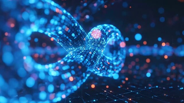 Glowing blue infinity symbol made of binary code in a digital network background