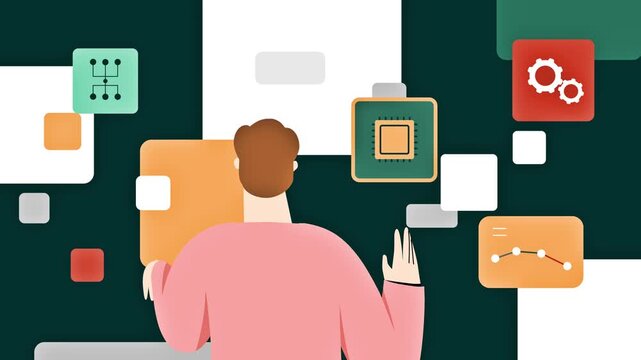 Tech Engineer Interacting With Modular Hardware Interface Selecting Central Microchip Processor 2D Animation