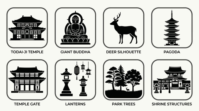 Nara landmarks vector illustration featuring temples, Buddha statue, deer, pagoda, gate, lanterns, trees, and castle representing Japanese heritage, architecture, religion, and cultural travel design 