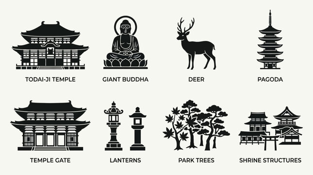 Nara landmarks vector illustration featuring temples, Buddha statue, deer, pagoda, gate, lanterns, trees, and castle representing Japanese heritage, architecture, religion, and cultural travel design 