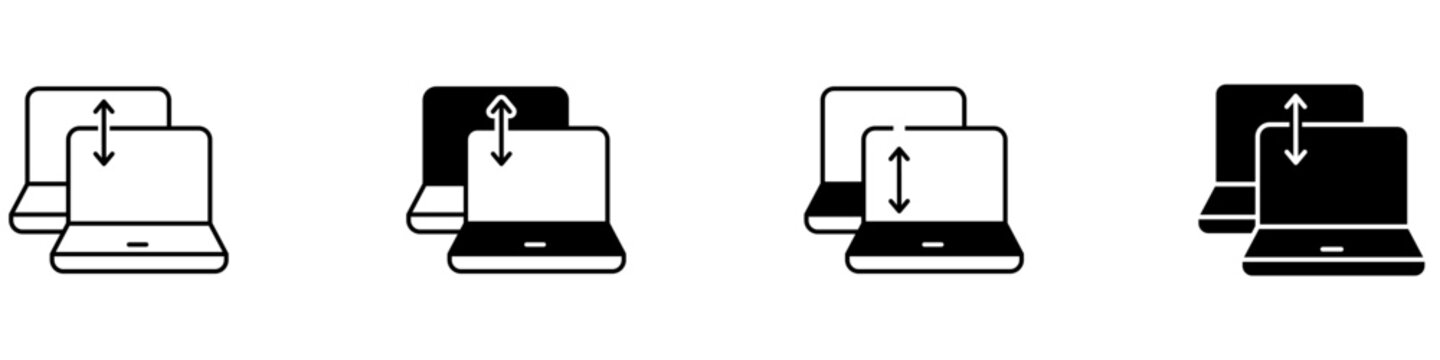 Data transfer between laptops set icon vector. File exchange between laptops illustration sign collection. Laptop network connection symbol. Device data sharing logo or mark.