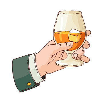Hand holding glass with strong drink whiskey. Drink whiskey, beverage booze in hand, vintage hand drawing vector illustration