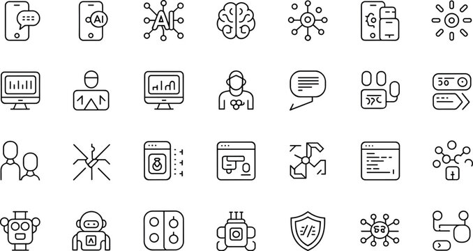 Advanced neural network and cognitive computing line icon set featuring cyber security digital transformation machine algorithms and smart interface designs