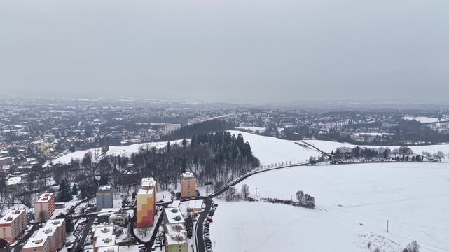 Frozen shoreline aerial view of lakeside neighborhood with icy expanse and tree covered hill, ecologist