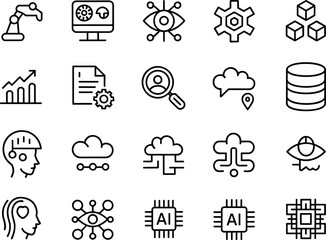 Artificial intelligence and computer vision line icon set featuring machine learning data processing smart industry automation and robotic network elements © RAJU
