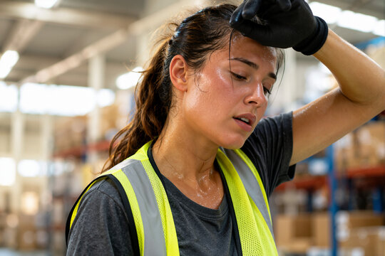 Exhausted female warehouse worker sweating in a hot storage facility. Tired woman in high visibility vest wiping her forehead