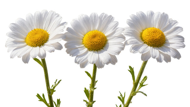Three white daisies with yellow centers and green stems