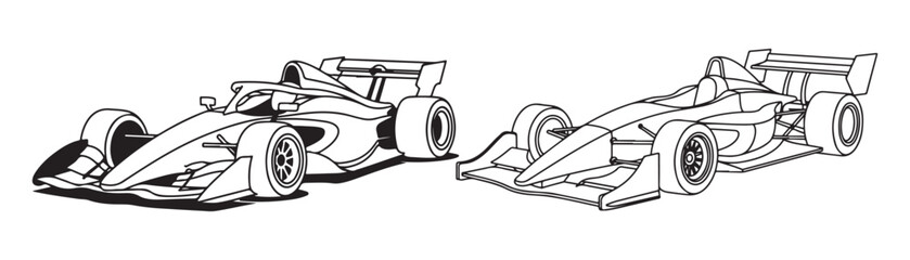 Obraz premium Two formula 1 racing cars vector outline set isolated on white background for motorsport.