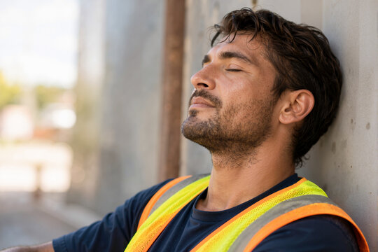 Exhausted male construction worker sweating and resting against a concrete wall. Tired builder in a high-visibility vest taking a break from sweltering heat