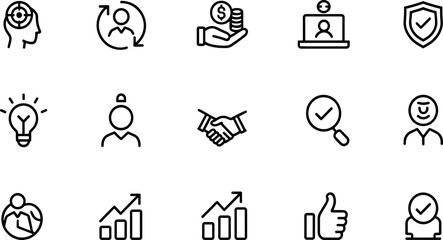 Fototapeta premium Business management and human resources line icon set featuring recruitment strategy growth teamwork career development and corporate success elements