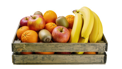 Wooden crate filled with apples oranges kiwis, and bananas © Lisa