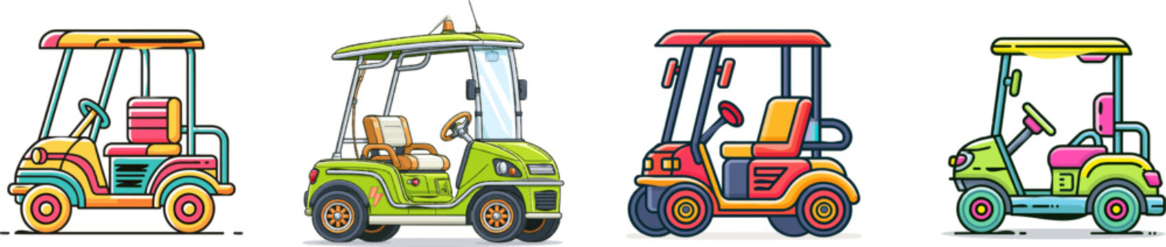 A vibrant, colorful flat vector icon of a compact electric golf cart features bright colors, modern UI style, clean lines, and is isolated on a pure white background