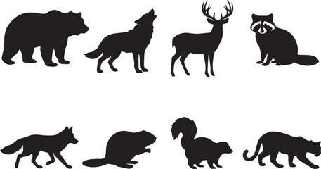 Obraz premium Vector collection of black woodland animal silhouettes featuring bear wolf and deer on white background