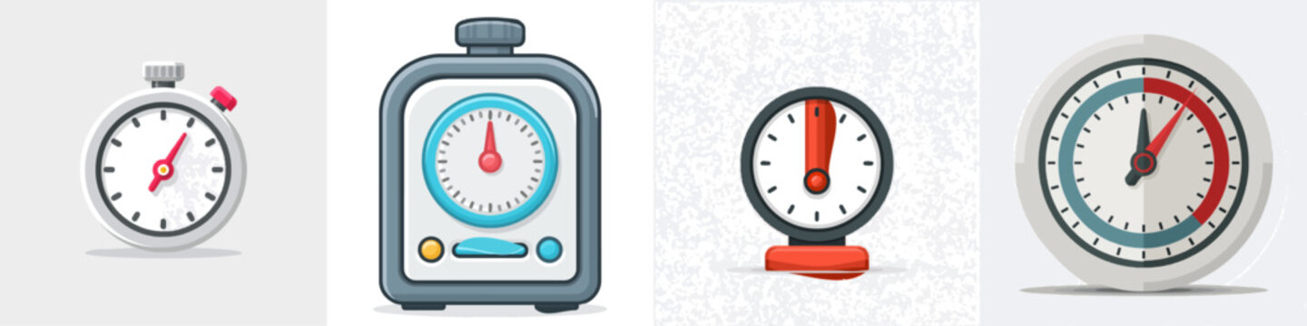 A minimalist flat vector icon of a kitchen timer features solid colors, clear outlines, and a white background, embodying a clean UI/UX design style