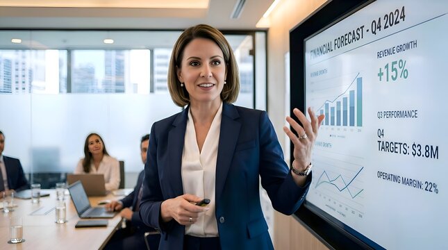 Businesswoman Presenting Financial Forecast on Screen in Modern Office Meeting Room