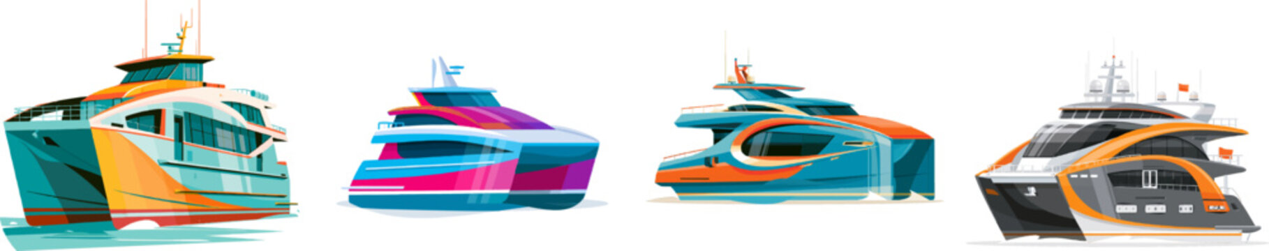 A vibrant, sleek electric high-speed catamaran boat with bright colors and modern UI design floats gracefully on the water, showcasing its futuristic aesthetics against a pristine white background