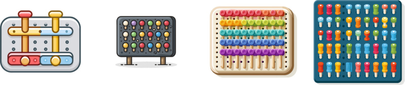 A vibrant flat vector icon of a wall-mounted pegboard with wooden pegs showcases bright colors, modern UI design, clean lines, and is isolated on a pure white background