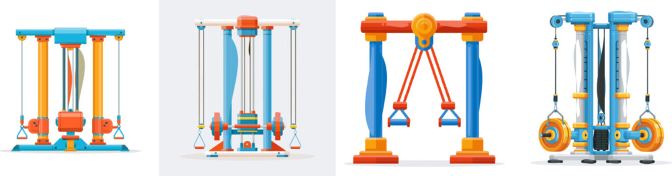 A vibrant flat vector icon of an adjustable cable crossover machine features bright colors, modern UI style, clean lines, and is isolated on a pure white background