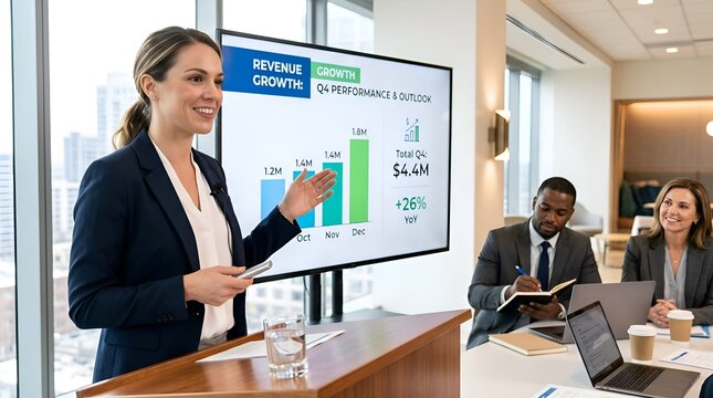 Businesswoman presenting revenue growth chart in corporate meeting, diverse team listens